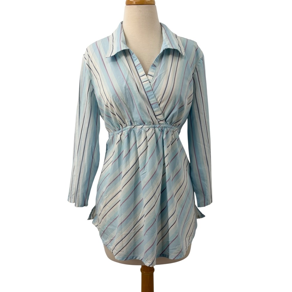 Oh! Mamma Maternity Tunic Top Blue Striped Surplice Empire Waist Long Sleeve XL